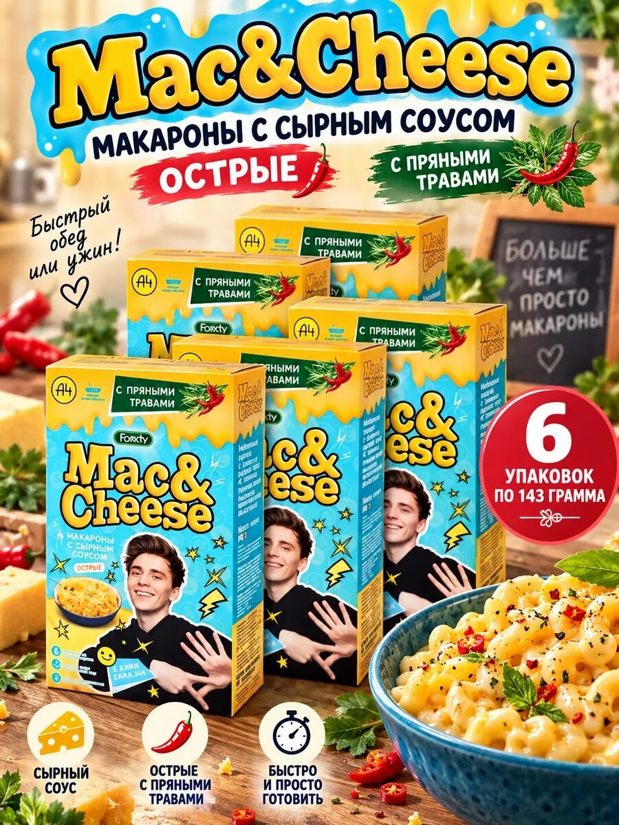 Макароны 6 штук по 143 гр с сырным соусом Mac&Cheese острые