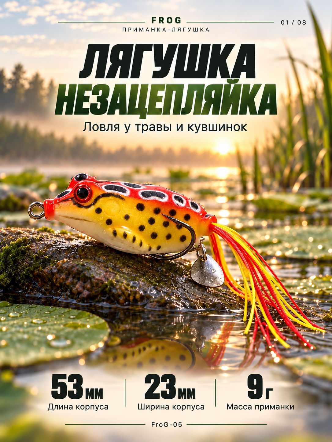 Лягушка-незацепляйка FroG 53 мм, 9 г, с двойником и лепестком, красно-жёлтый пятнистый