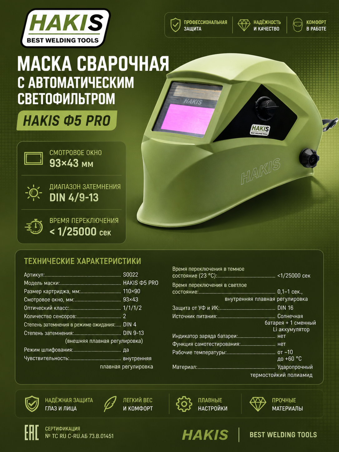 Маска сварочная с автоматическим светофильтром HAKIS Ф5 PRO (DIN 4/9-13)