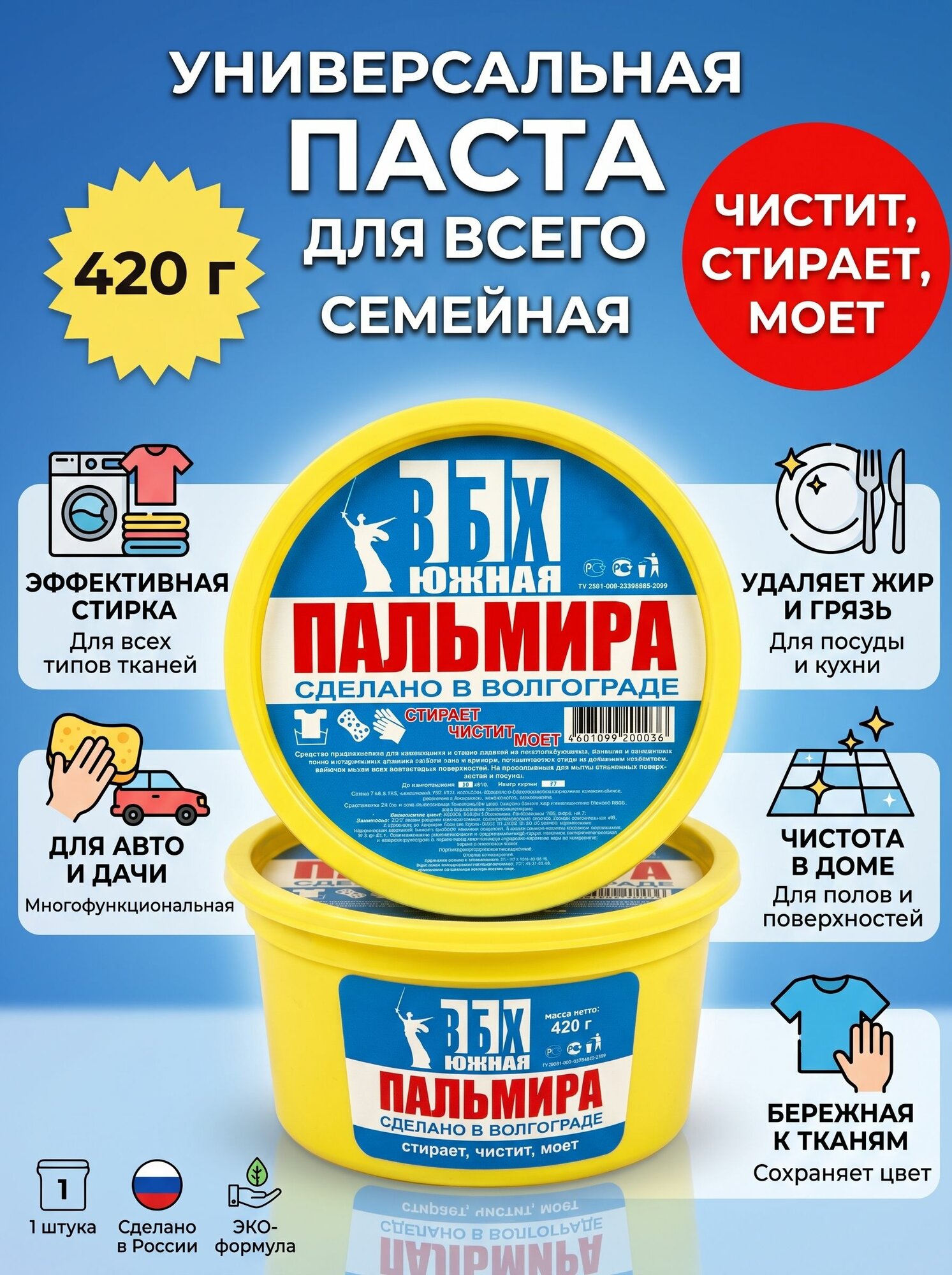 Универсальная чистящая паста Южная Пальмира, средство для уборки и чистки, для рук очищающая, для ванной, кухни, обуви, чудо-паста антижир дл