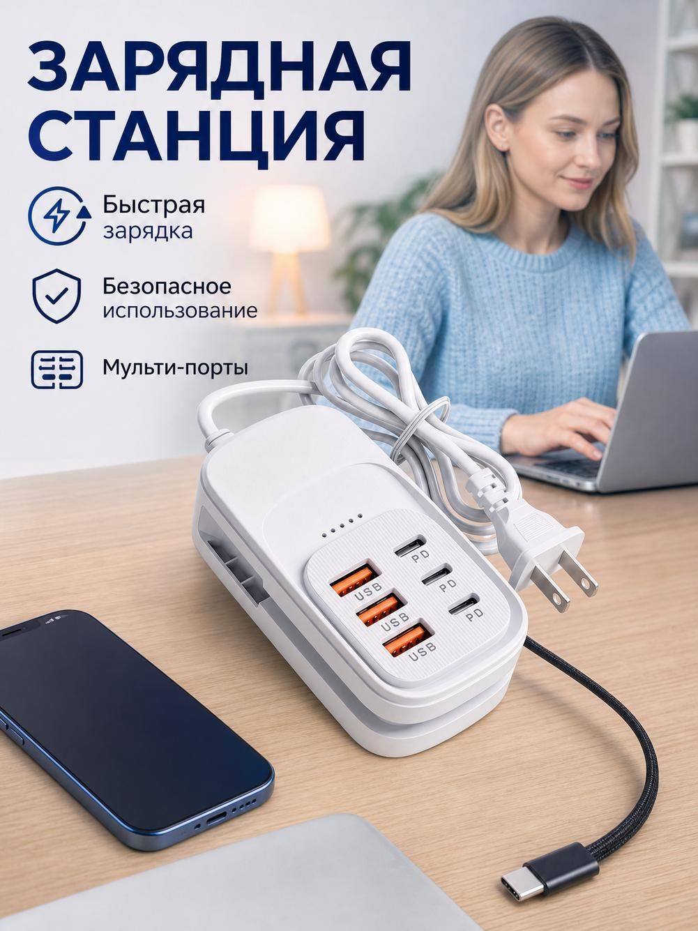 Сетевое зарядное устройство 6 в 1, кабель 1 м, евровилка, чёрный