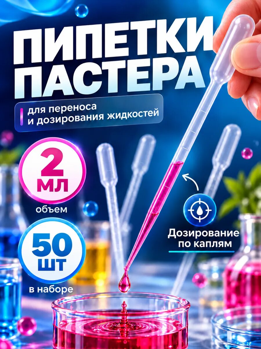 Пипетка пастера пластиковая для переноса жидкостей 2 мл 50 шт