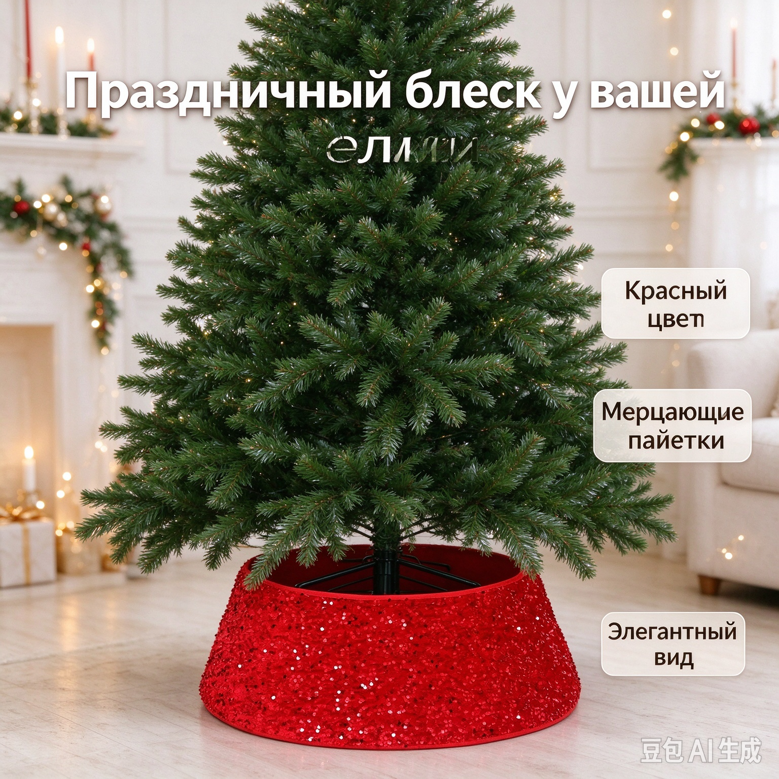 Блестящий обод‑юбка для основания елки, красный пайетки, 60 см, складной, декор на Новый год