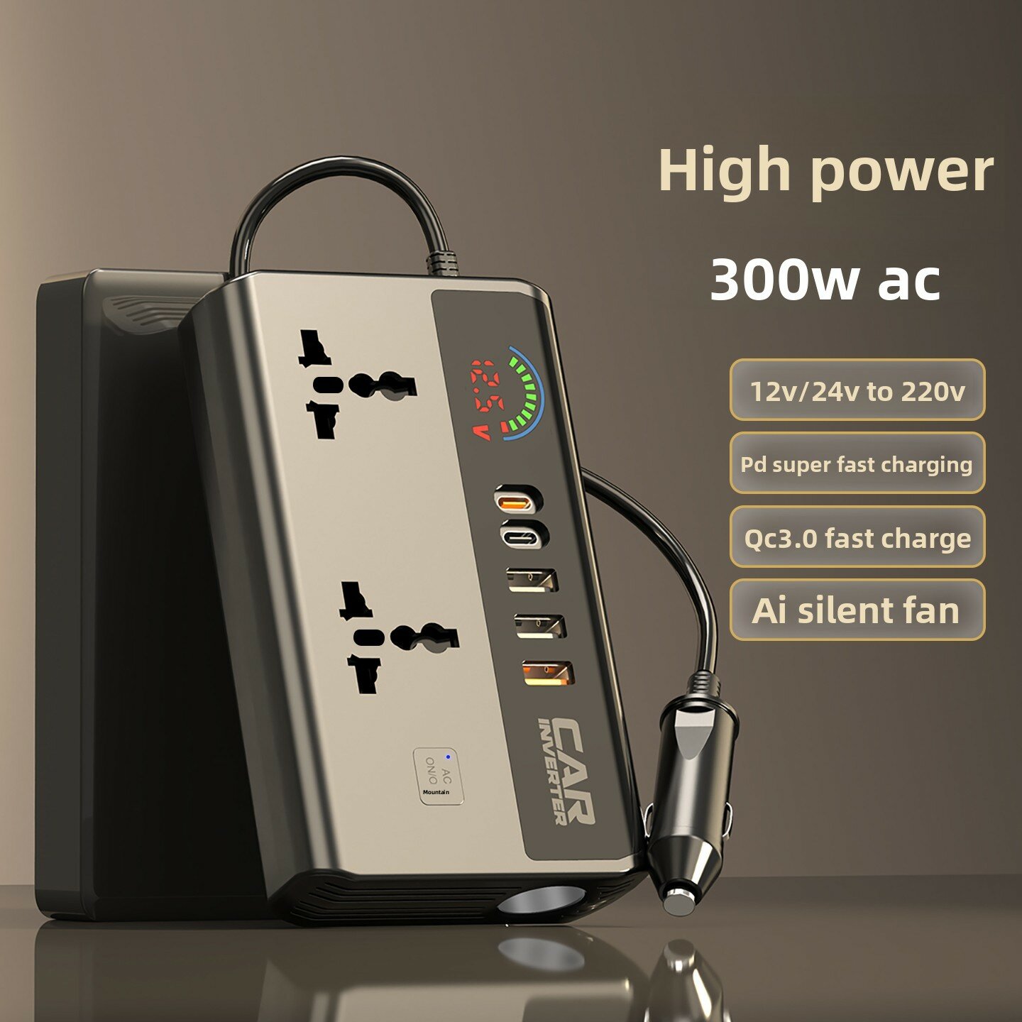 Автоинвертор 300Вт 24V в 220В с цветным экраном, быстрая зарядка PD QC3.0, серо-голубой