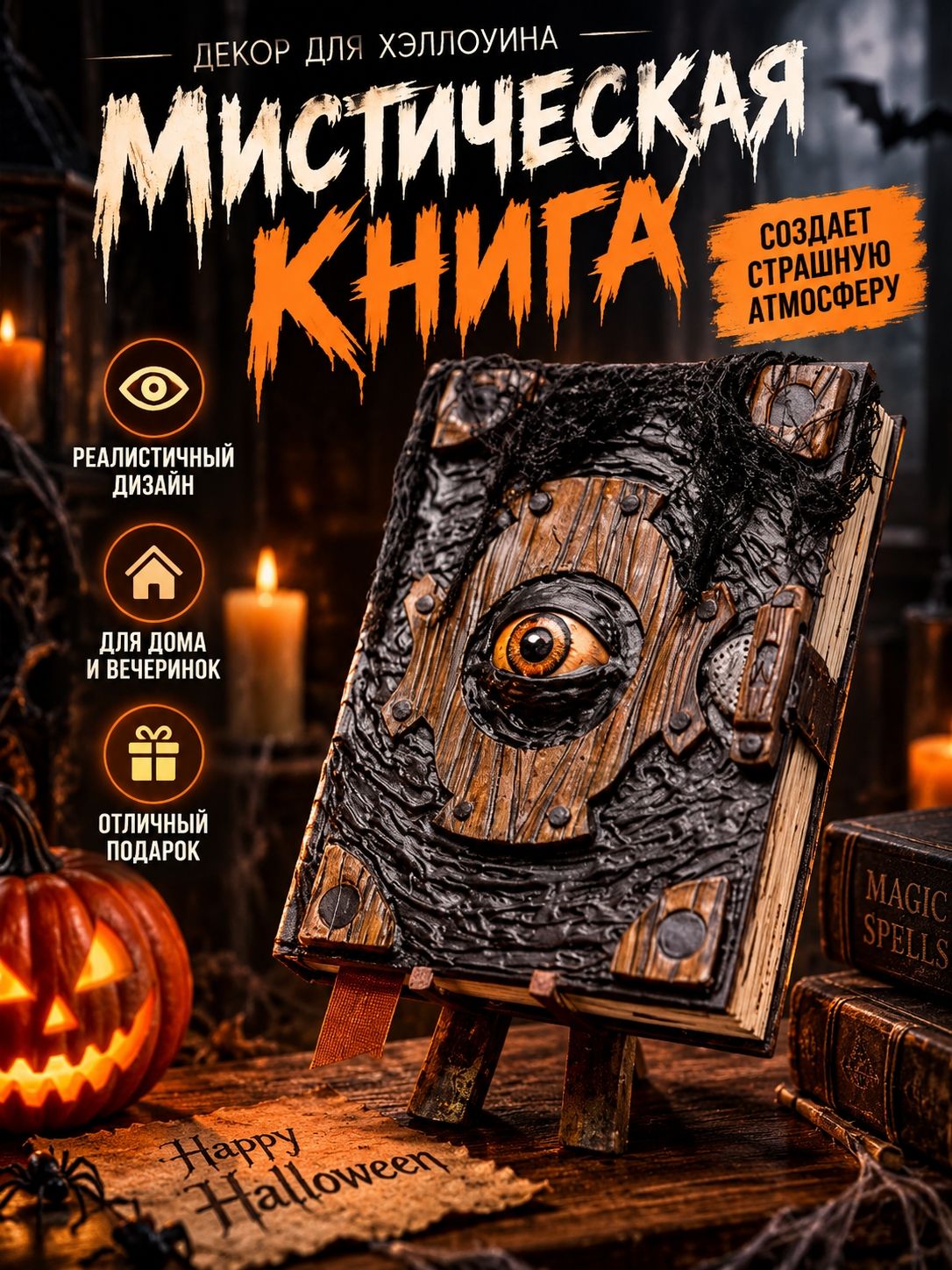 Книга Некрономикон для Хэллоуина, реалистичный декор ведьмы
