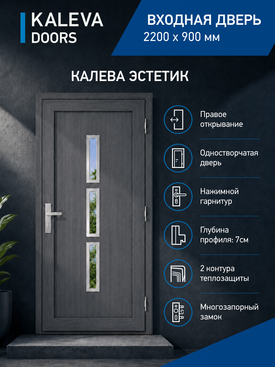 Входная дверь в дом 220x90 см правого открывания с прямоугольными стеклянными вставками цвет базальт/кварц утепленная ПВХ