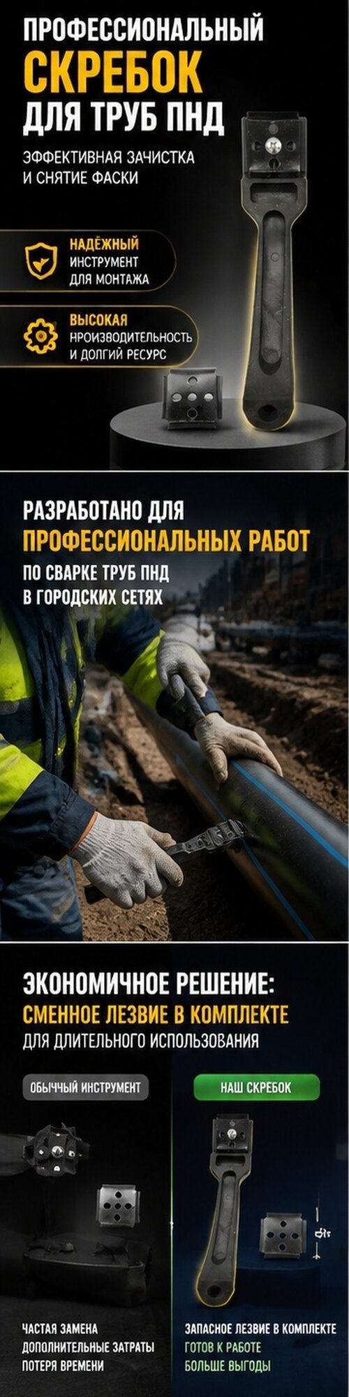 Скребок для пэ труб с четырёхсторонним лезвием из марганцевой стали и запасным ножом, чёрный