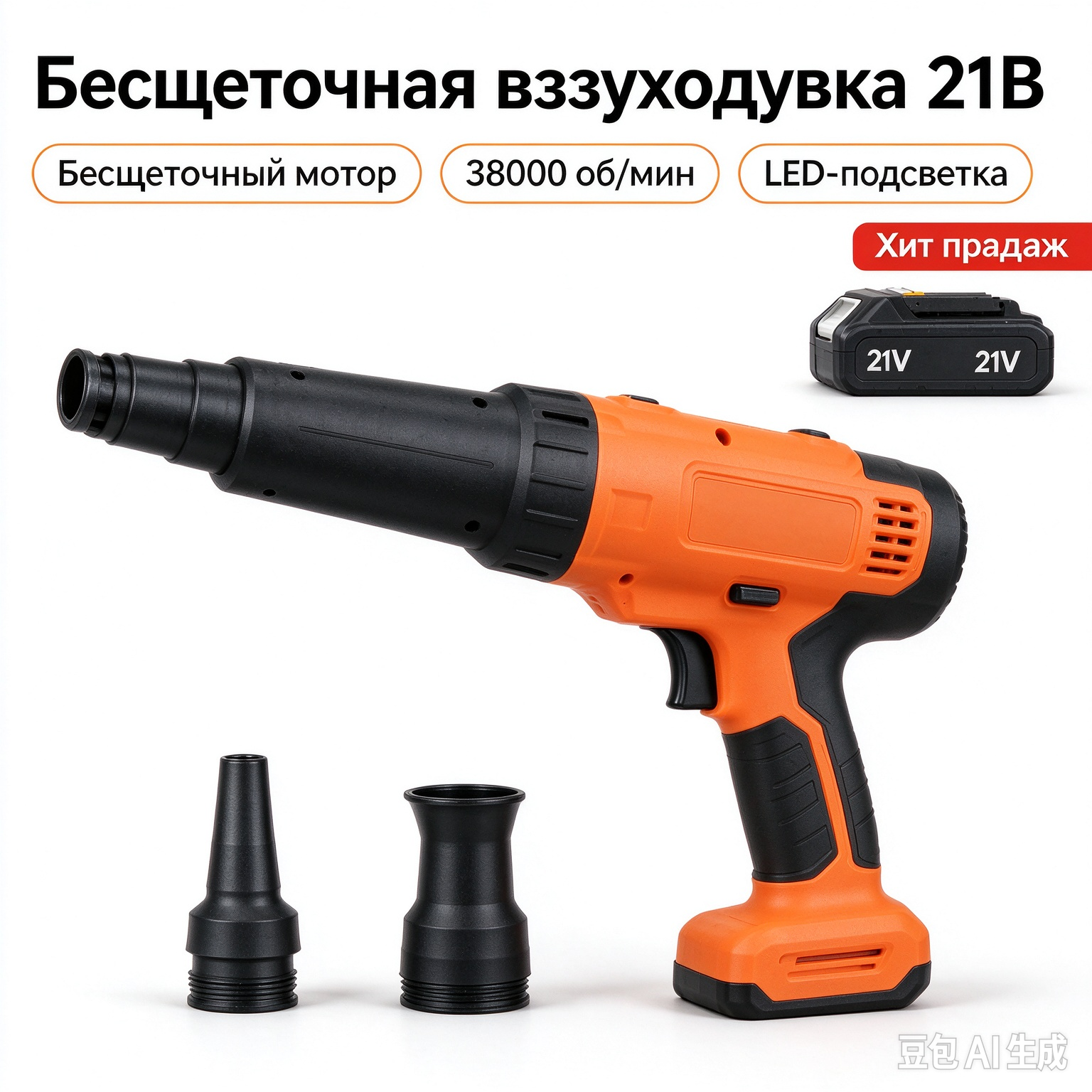 Аккумуляторная бесщеточная воздуходувка 21В, 38000 об/мин, с насадками