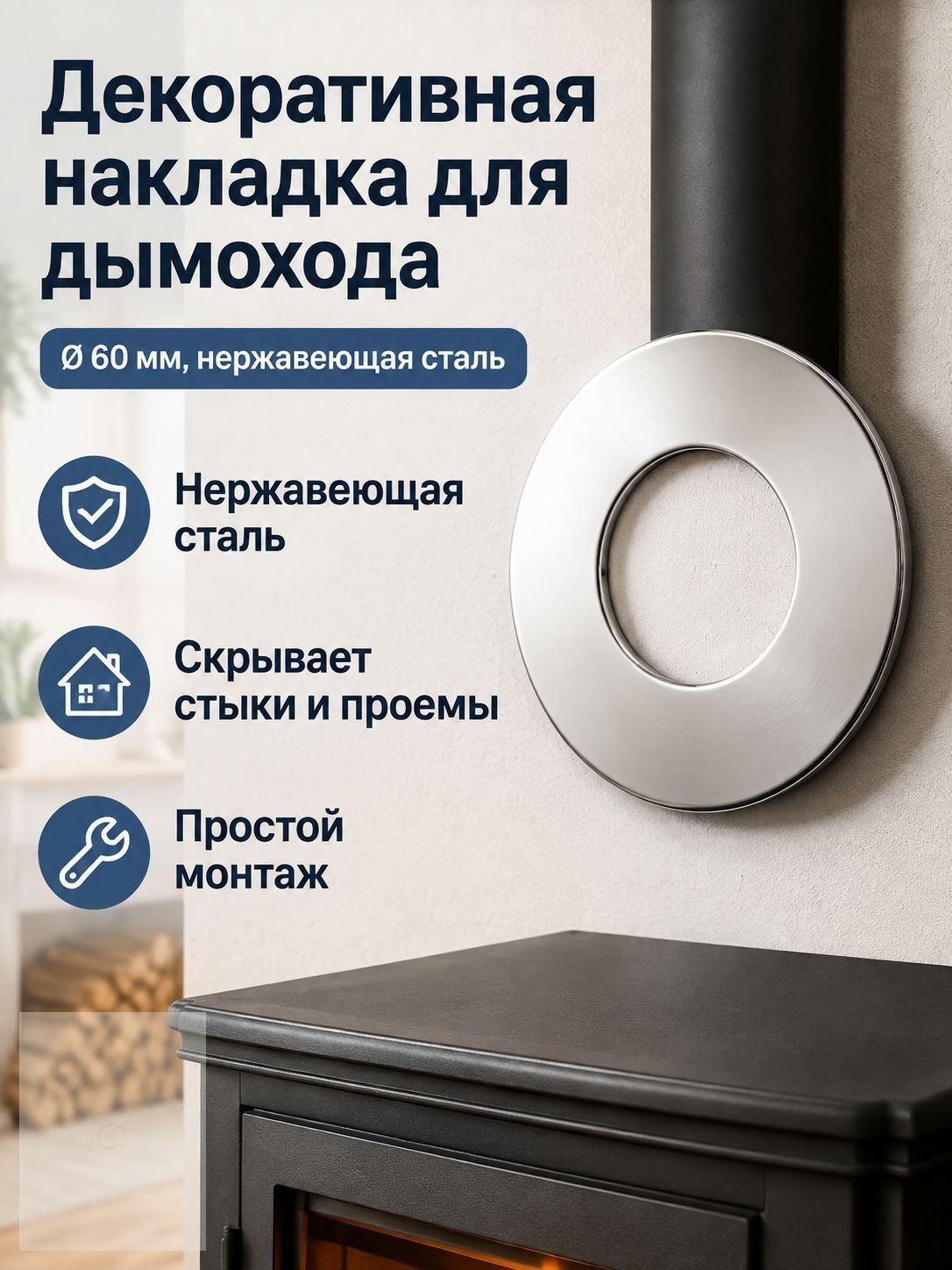 Декоративная розетта из нержавеющей стали для дымохода газовой колонки, внутренний диаметр 60 мм, накладка на стену вентиляции (1 шт.)