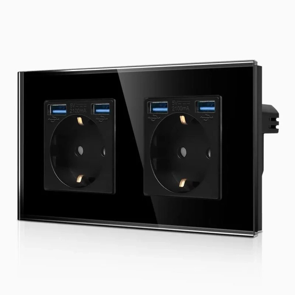 Встраиваемая розетка 2-постовая 16А с 2 USB 2,1А в черной стеклянной рамке, Горизонтальная