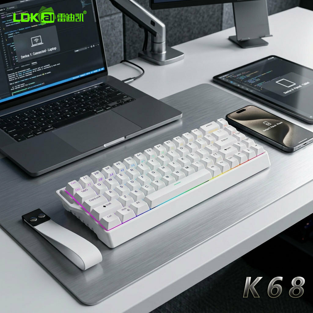 Механическая клавиатура K68 68 клавиш RGB подсветка Bluetooth проводная беспроводная игровая Moonlight White лицевая