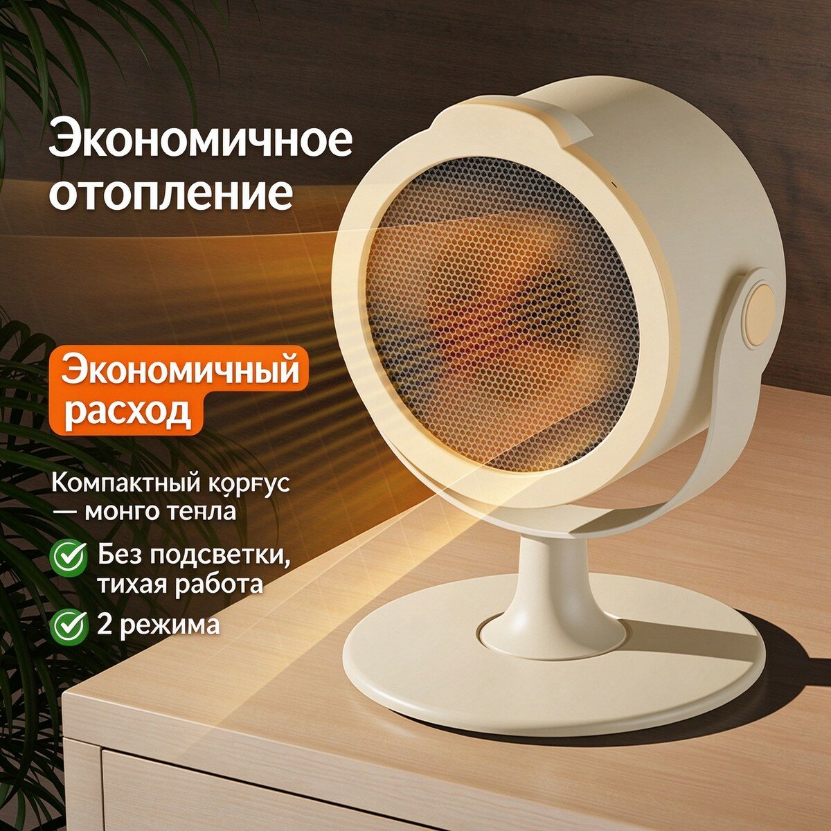 Настольный тепловентилятор кремово-белый, 500 Вт, 220 В, 2 скорости, тихий, для стола
