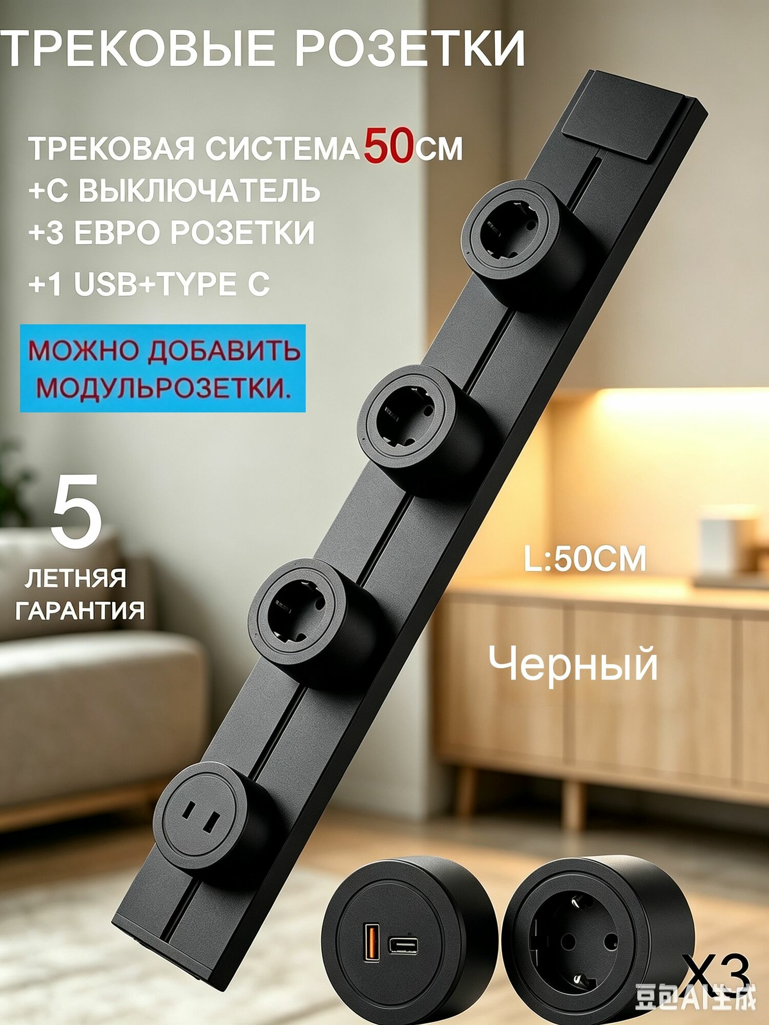 Трековая розетка (шина) накладная металлическая 50 см, 4 EU розетки + USB, черная