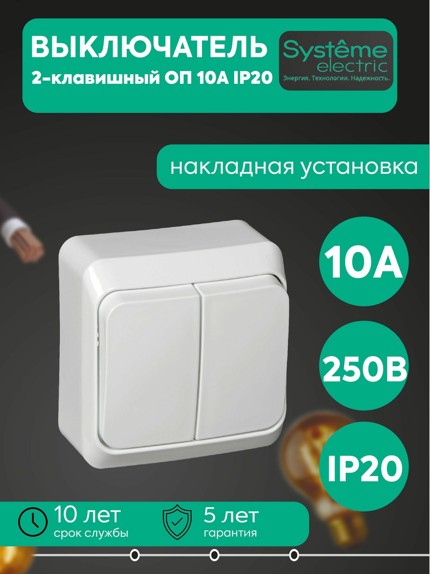 Выключатель 2-клавишный ОП 10А IP20 белый Этюд SE BA10-002B