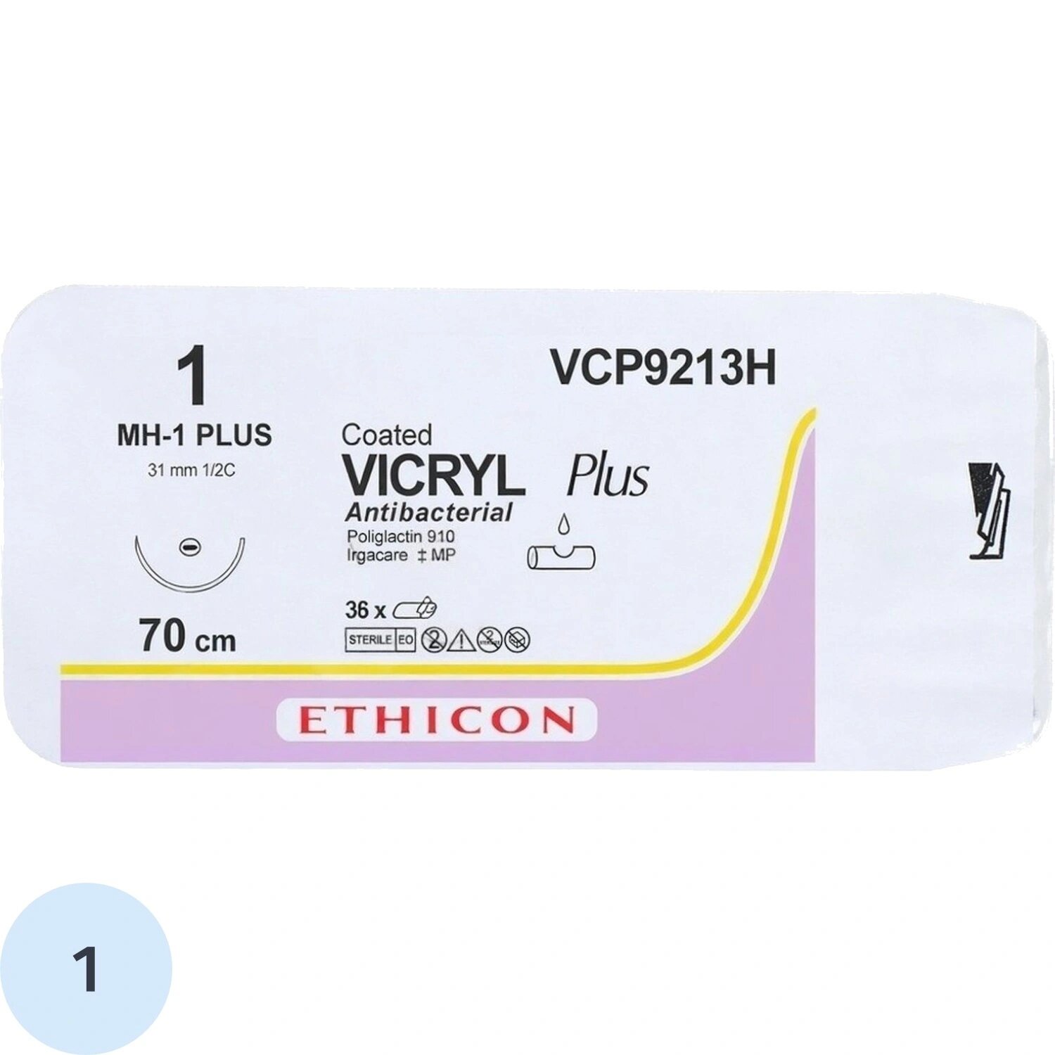 Ethicon Шовный материал хирургический рассасывающийся Ethicon Викрил+ 1 70 см колющая игла 31 мм 1/2 VCP9213H (36 штук в упаковке)