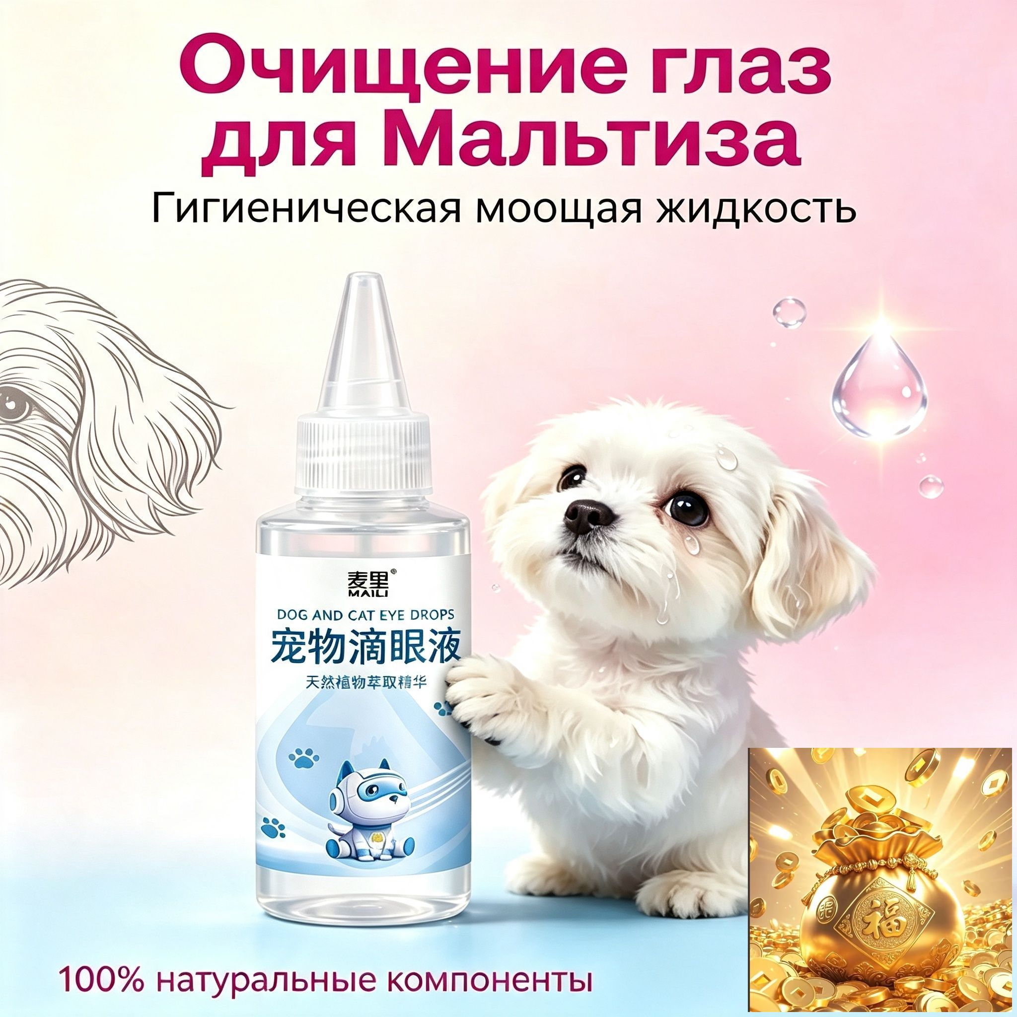 Безалкогольная жидкость для очищения глаз брахицефальных собак, мальтезе от слезных следов, ежедневный уход за глазами