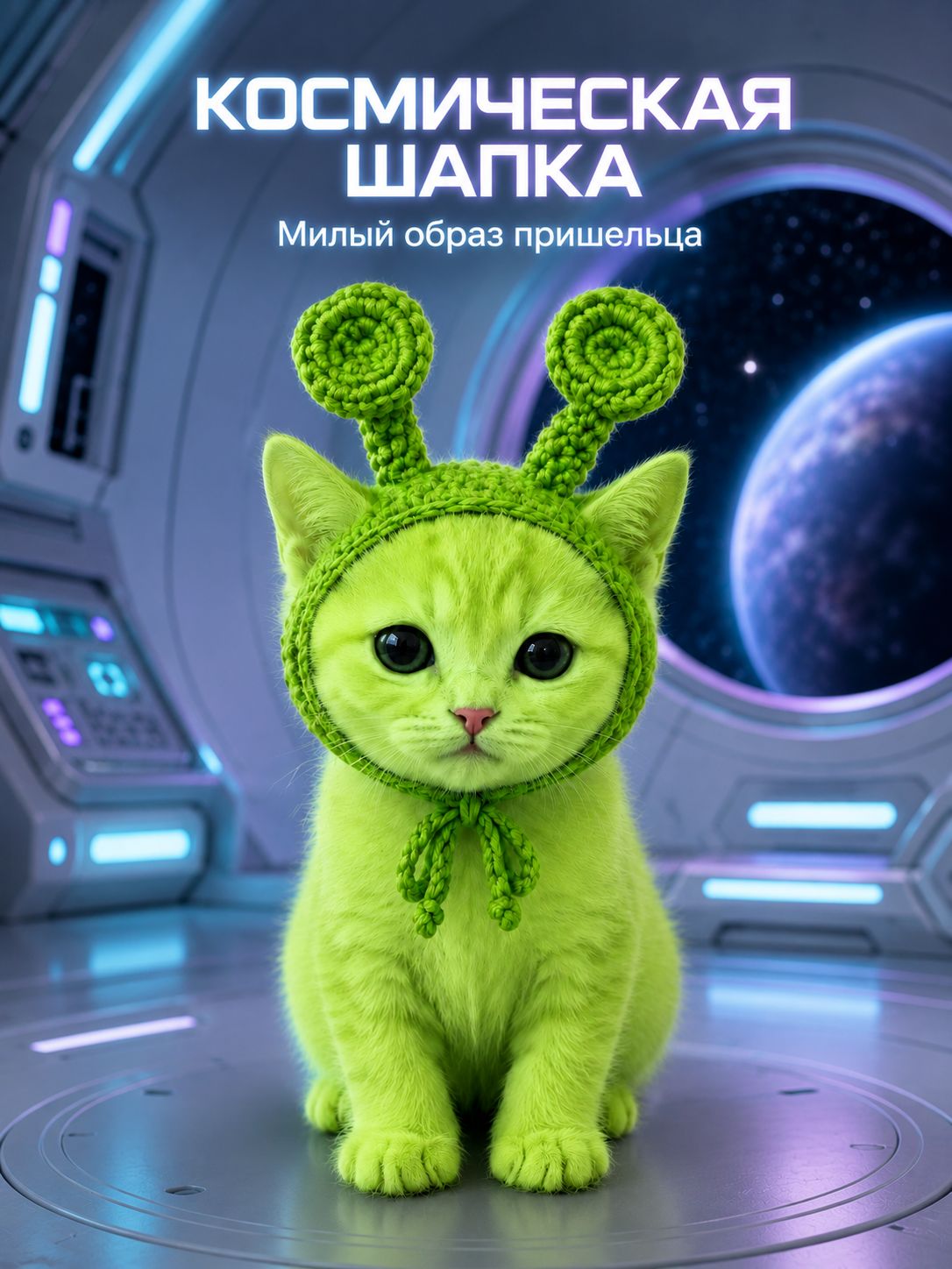 Шапка для кошек и собак мелких пород с антеннами, вязаная зеленая шапочка с отверстиями для ушей и регулируемыми завязками