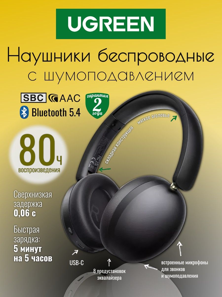 Ugreen Наушники беспроводные с микрофоном беспроводные HP205 (45018) Studio Max2 Light, Bluetooth, USB Type-C, черный, серебристый
