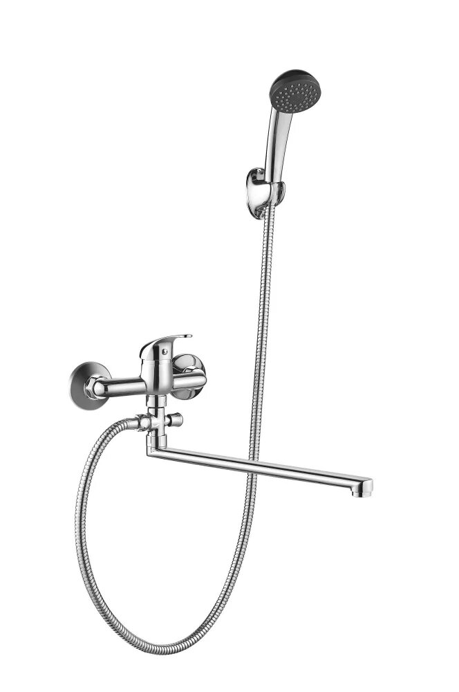 Смеситель для ванны с душем Olive'S Olisan Profi PF15102 с душевым гарнитуром, настенный, однорычажный, с поворотным изливом, хром, глянцевый, латунный, с керамическим картриджем