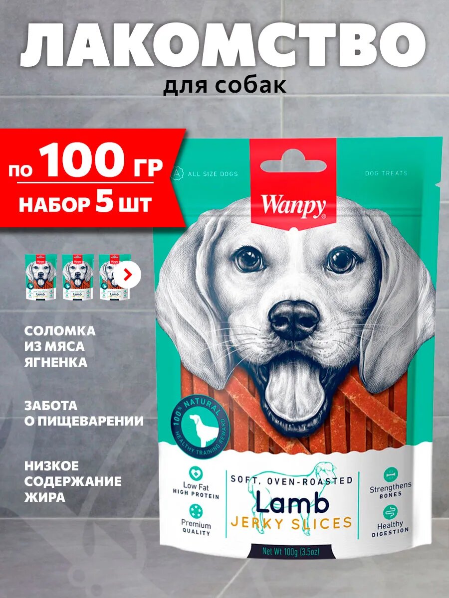 Лакомство Wanpy Dog для собак, соломка, ягненок, 100 г 5 шт