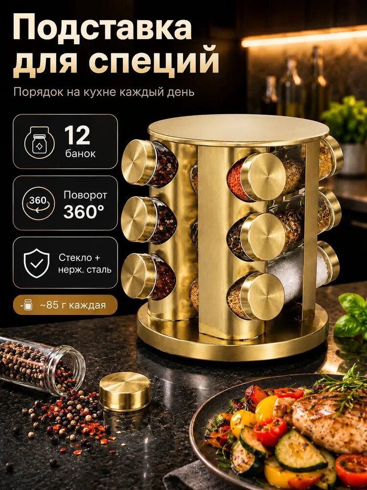 Вращающаяся подставка для специй со стеклянными баночками, 12-20 шт, нержавеющая сталь, золото