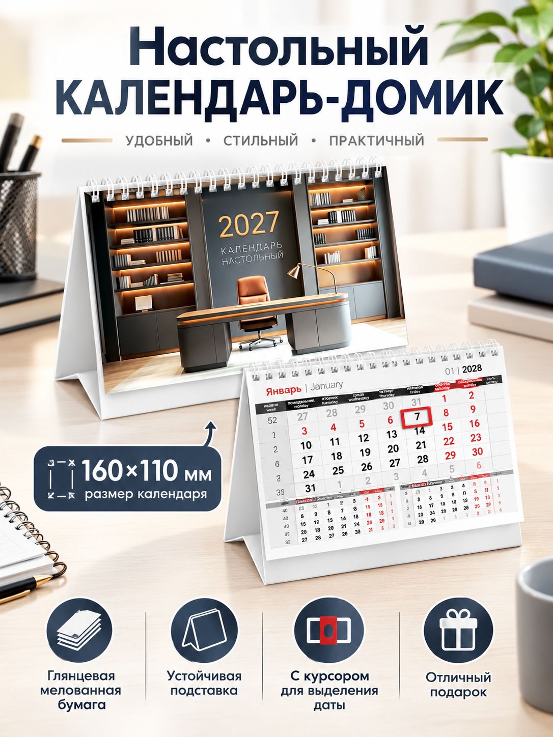 Календарь-домик настольный квартальный перекидной на гребне 2027 Офис 160х105