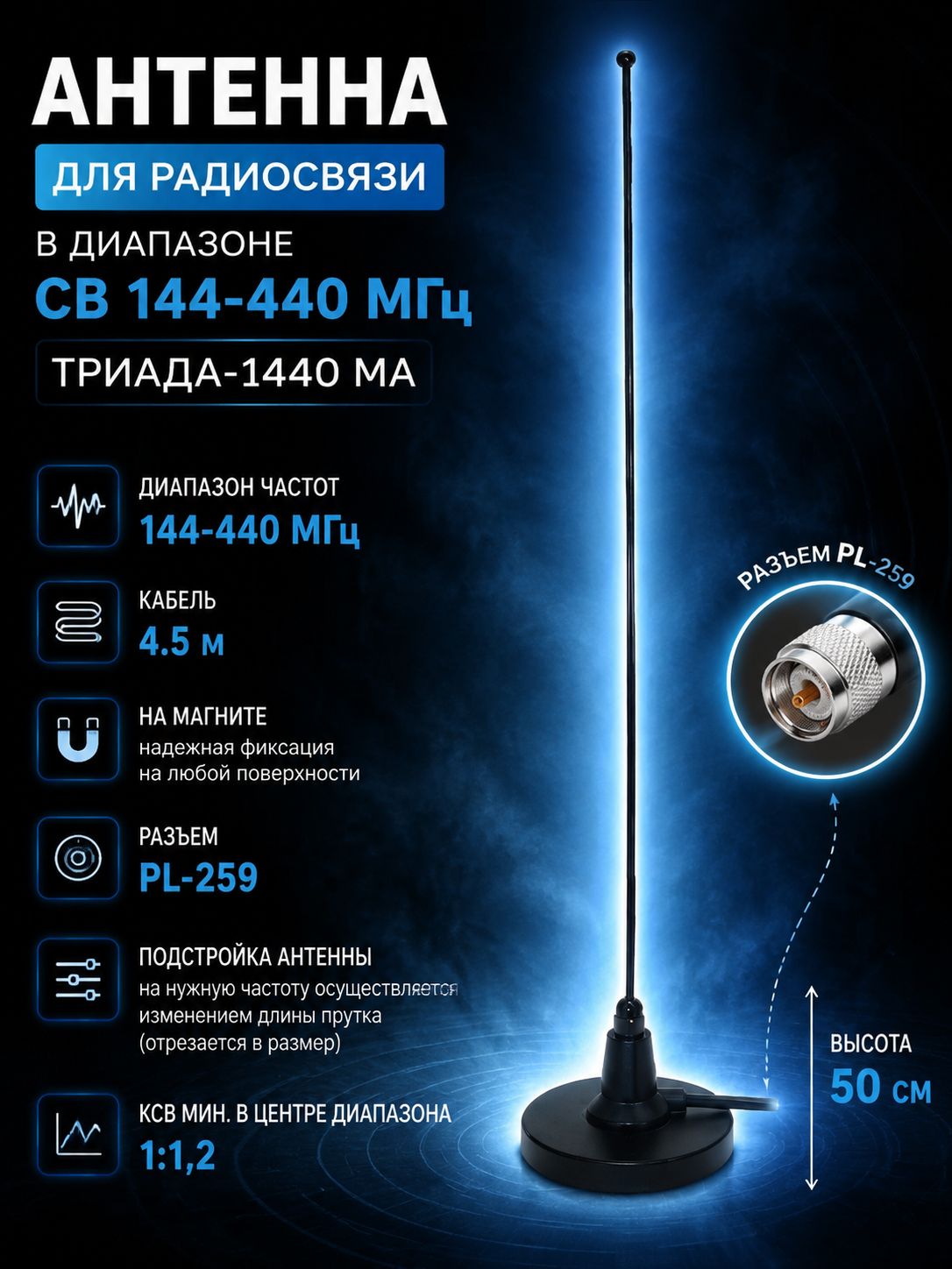 Антенна для радиосвязи в диапазоне CB 144-440 МГц, Триада-1440 МА. Черная, магнитная. Длина кабеля 4,5 метра