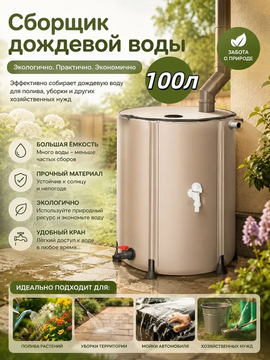 Садовая бочка из пластика, 100 л, с крышкой, диаметр 40 см, светло-бежевая