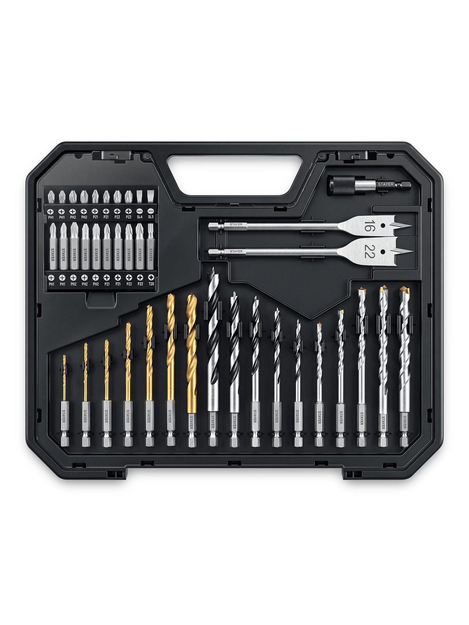 40 предметов STAYER Unix-40 IMPACT READY, универсальный набор свёрл, HEX 1/4″