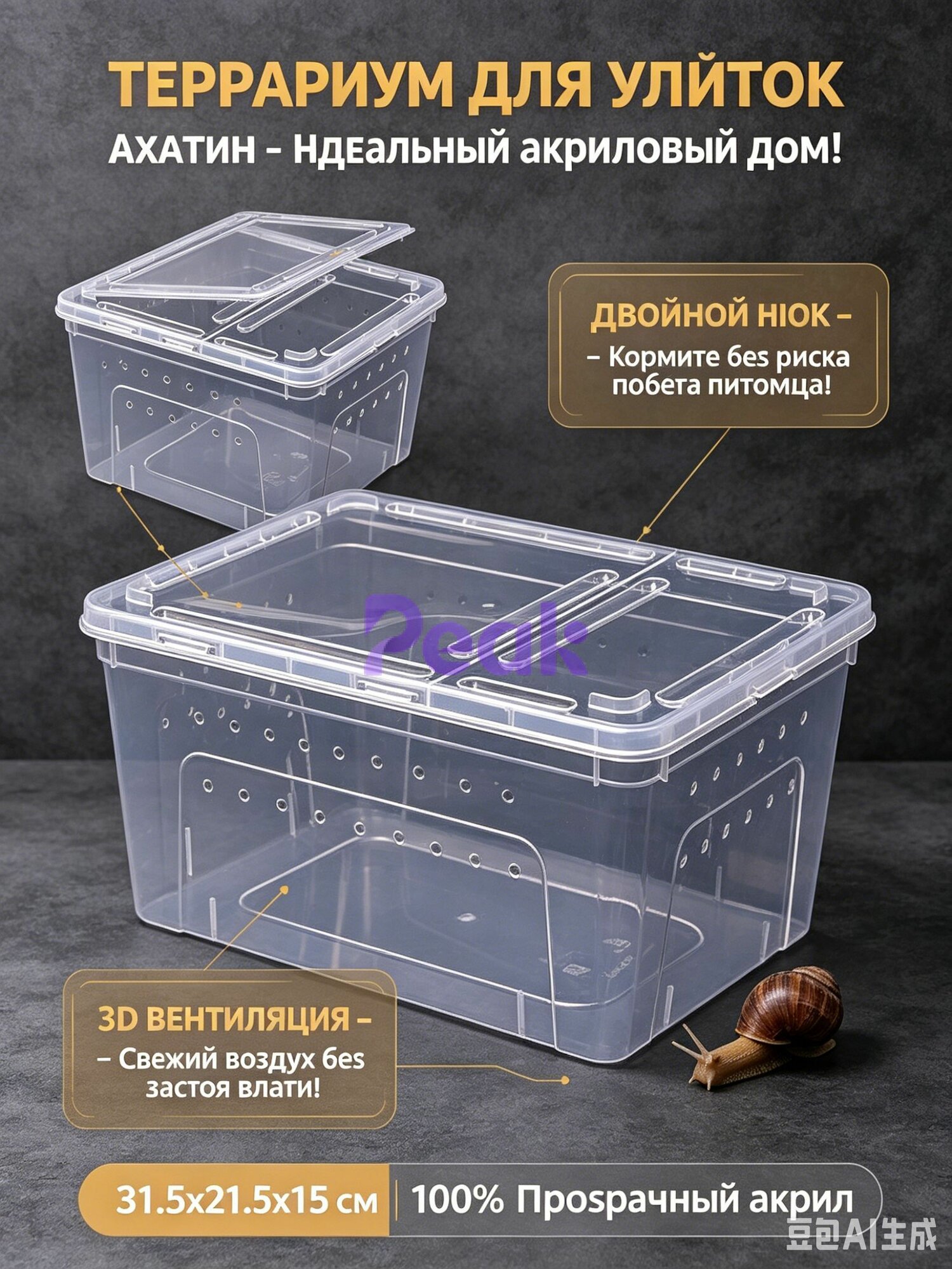 Террариум для улиток ахатин, акриловый ящик-инсектариум для разведения насекомых, пауков и рептилий, прозрачный бокс с крышкой и вентиляцией, 31.5х21.5х15 см.