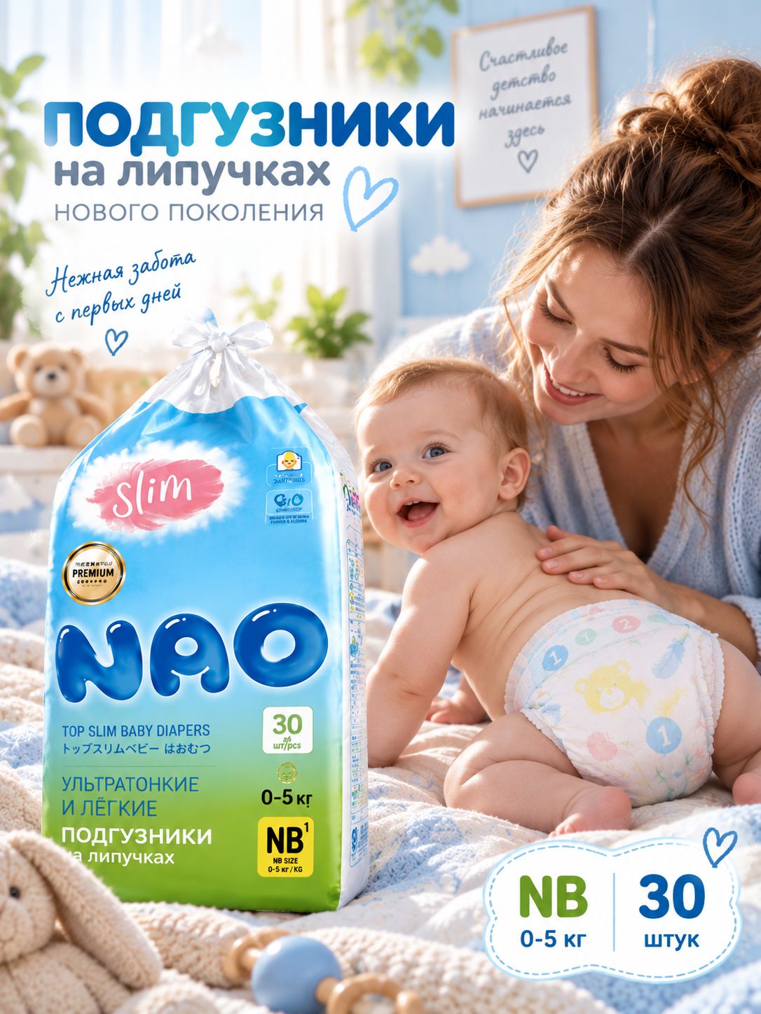 NAO Подгузники для новорожденных детей размер 1 NB ( 0 - 5 кг ) 30 шт / японские премиум памперсы на липучках