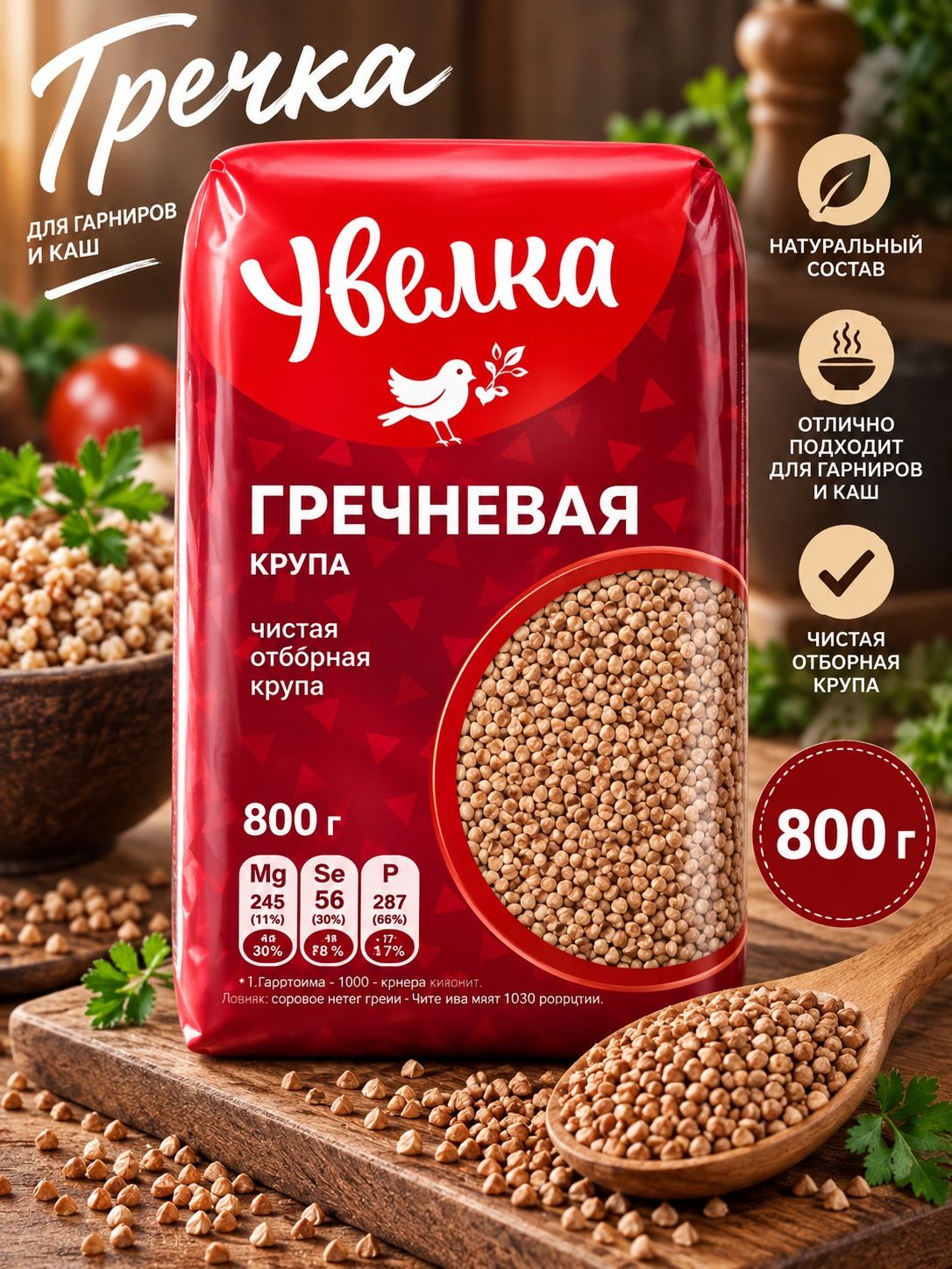 Гречка 800 грамм, Увелка Крупа, ядрица гречневая для гарнира и каши