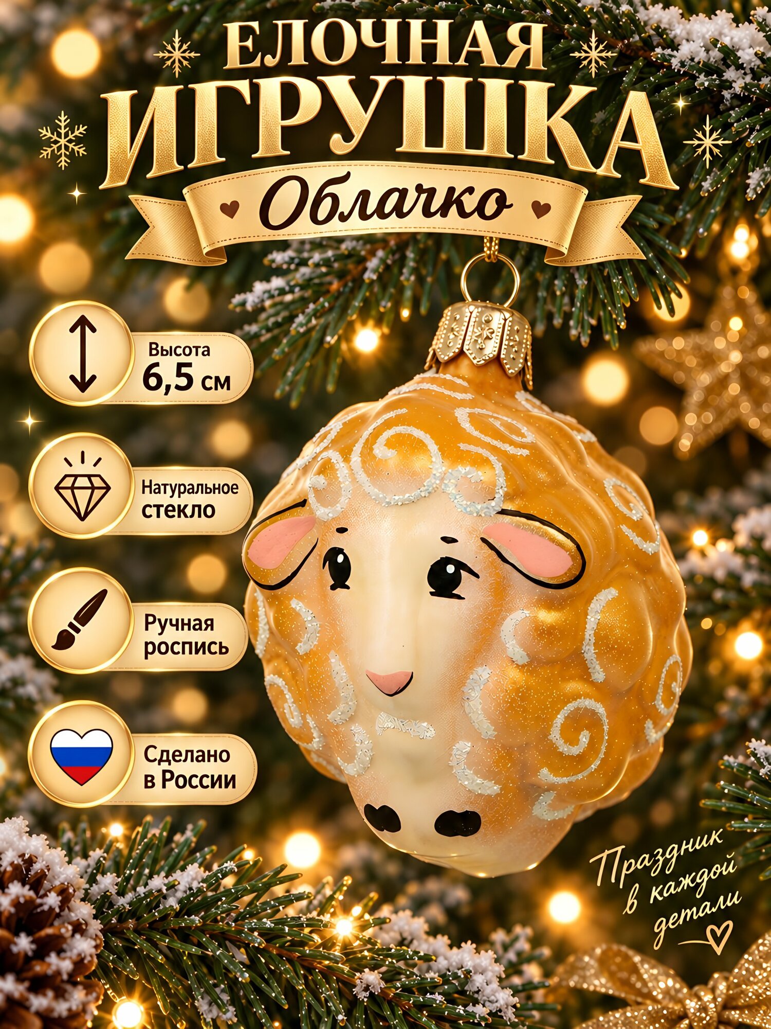 Стеклянная ёлочная игрушка «Облачко», желтая, с рисунком, 6,5 см, подвеска, Елочка Н101