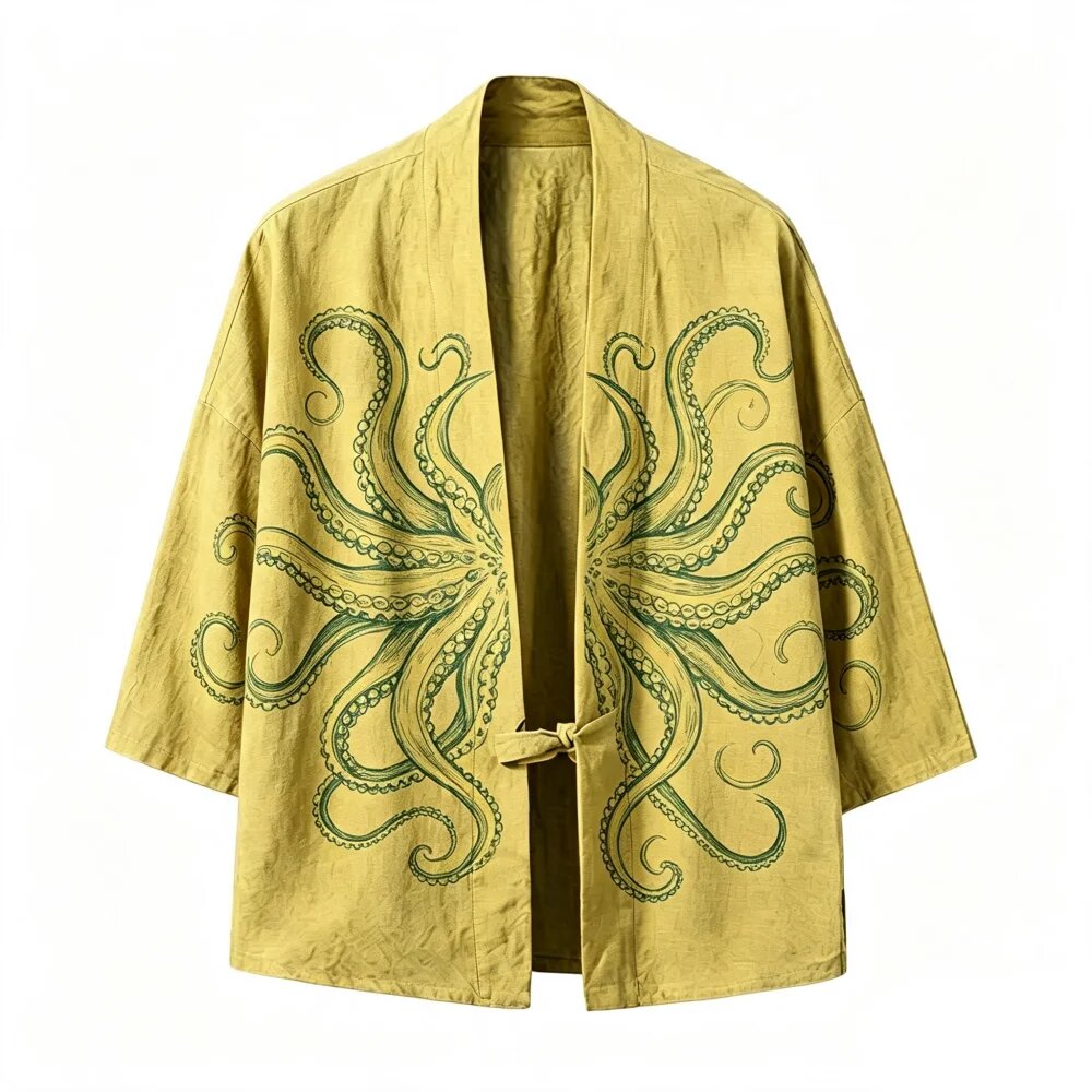 Wearyourface Хлопковая куртка-кимоно с принтом осьминога Желтый, XXXL, Haori Jacket10