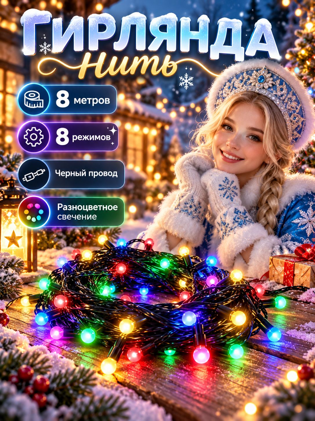 Гирлянда нить С8 8 м / Электрогирлянда светодиодная 8 режимов, черный провод, питание от сети 220В, разноцветный