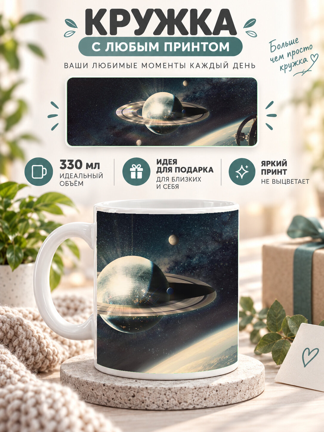 Кружка керамическая 330 мл белая с принтом Saturn Space, для чая и кофе