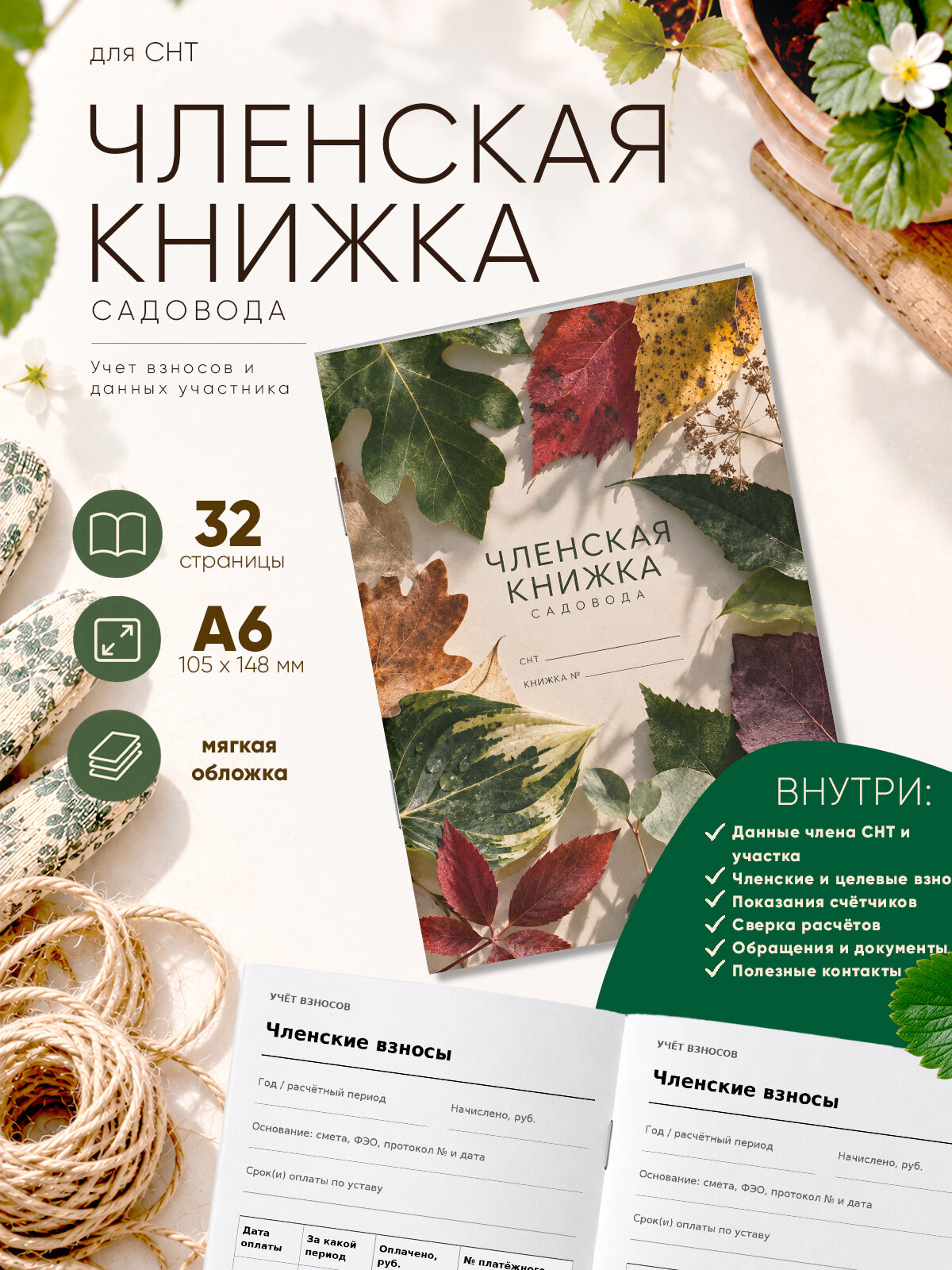 Членская книжка садоводческого некоммерческого товарищества (СНТ) "Листья", формат А6