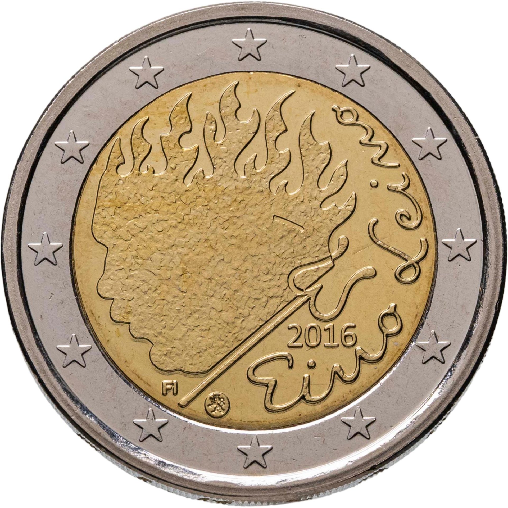 Финляндия 2 евро euro 2016 "Эйно Лейно", Биметалл, в сохранности UNC