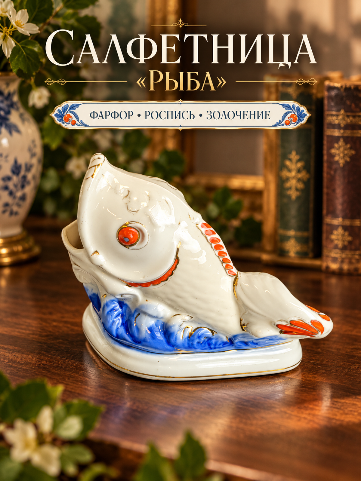 Салфетница "Рыба", фарфор, роспись, золочение, Коростенский фарфоровый завод (КФЗ), СССР, 1960-1990 гг.