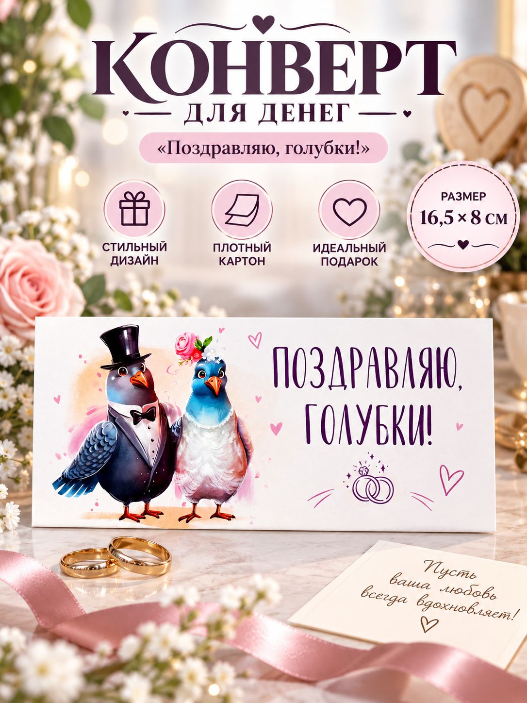 Конверт для денег "Поздравляю, голубки!", 16,5х8 см, подарочный конверт на свадьбу молодоженам