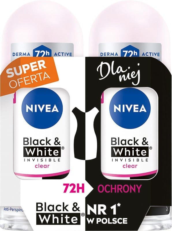 Дезодорант Nivea Black&White Invisible Clear, ролл-он, 50 мл, 2 шт