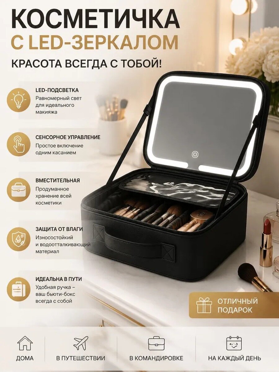 Косметичка дорожная черная со светодиодным зеркалом, жесткая, с плечевым ремнем