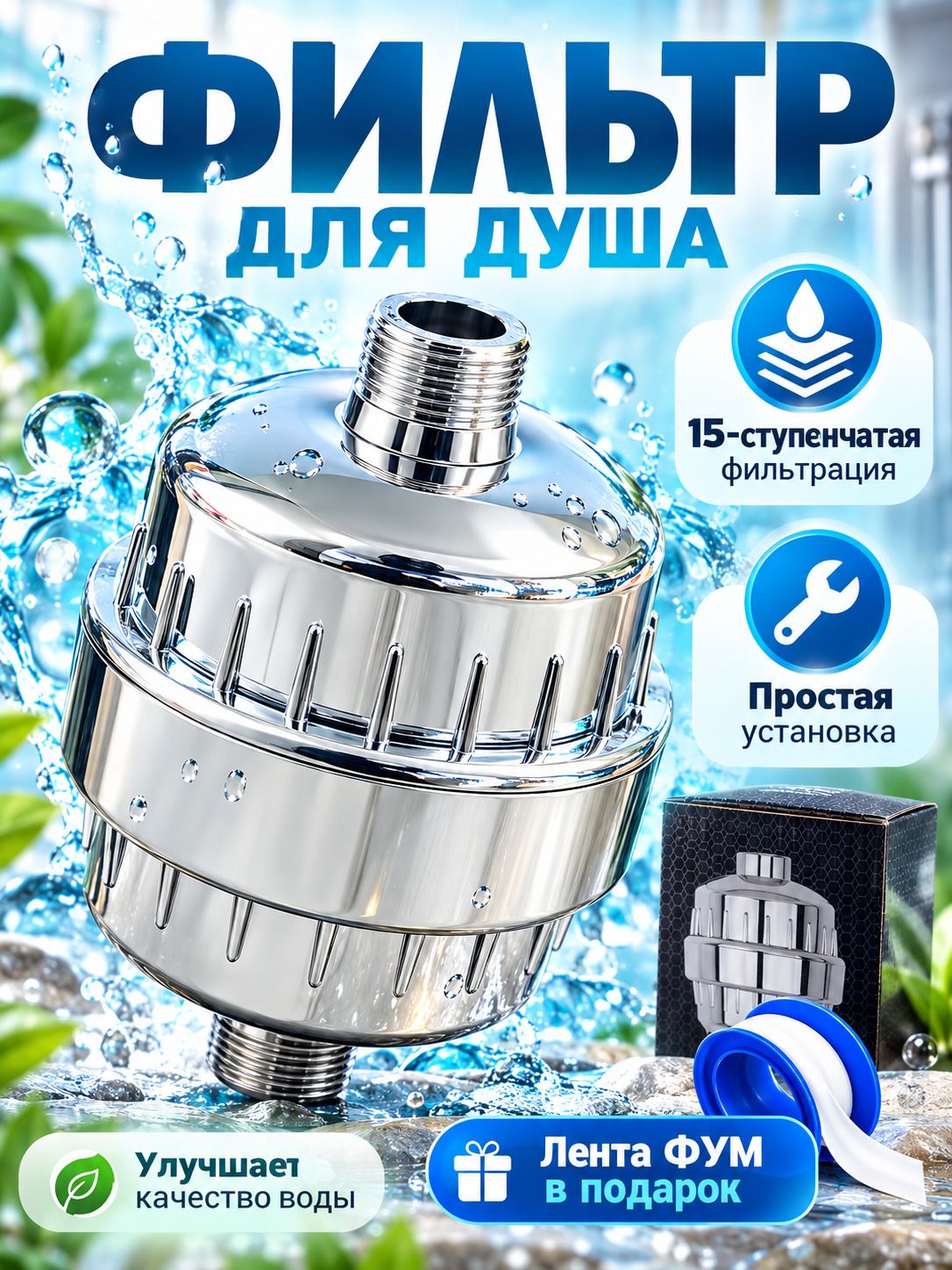 Фильтр для душа с 15-слойной системой очистки воды, универсальное подключение, защита от хлора и ржавчины, комплект с лентой для установки