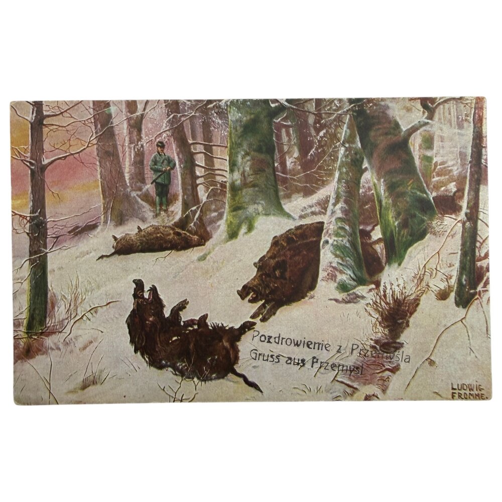 Почтовая открытка "Удачный выстрел по кабанам" 1900-1917 гг. Германская Империя