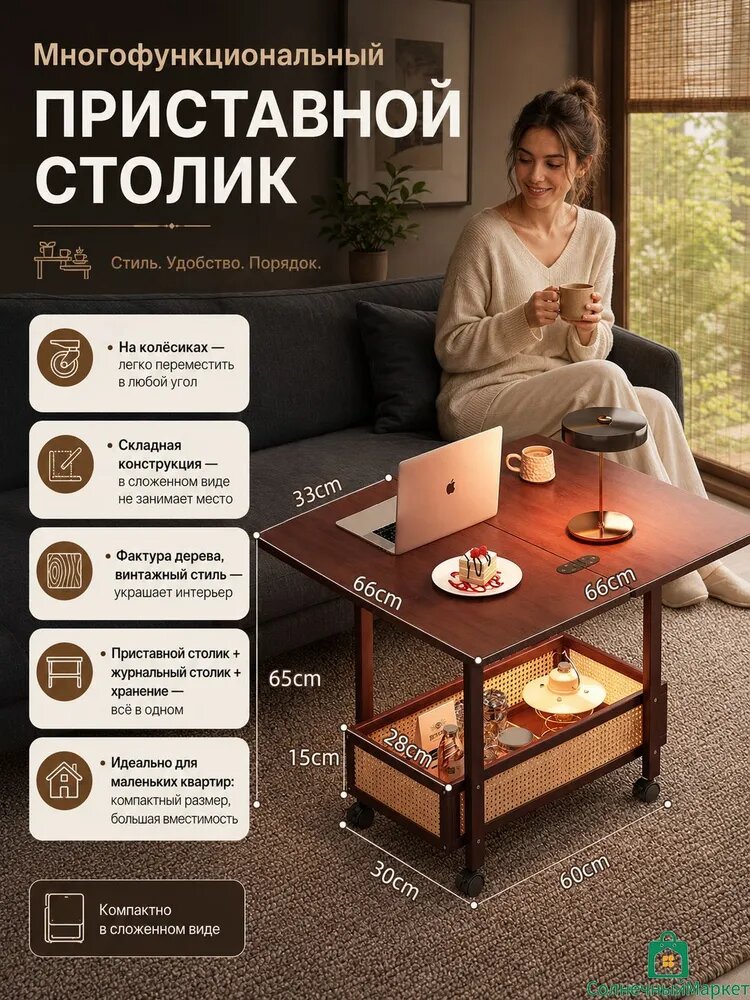 Журнальный стол приставной трансформер из массива дерева с колёсиками и полкой для хранения
