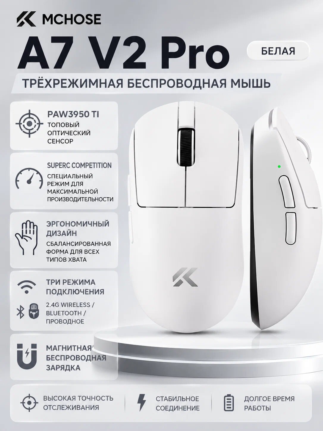 Беспроводная мышь MCHOSE A7 V2Pro, трехрежимное подключение по проводной/беспроводной сети/Bluetooth, PAW3395,59 Г