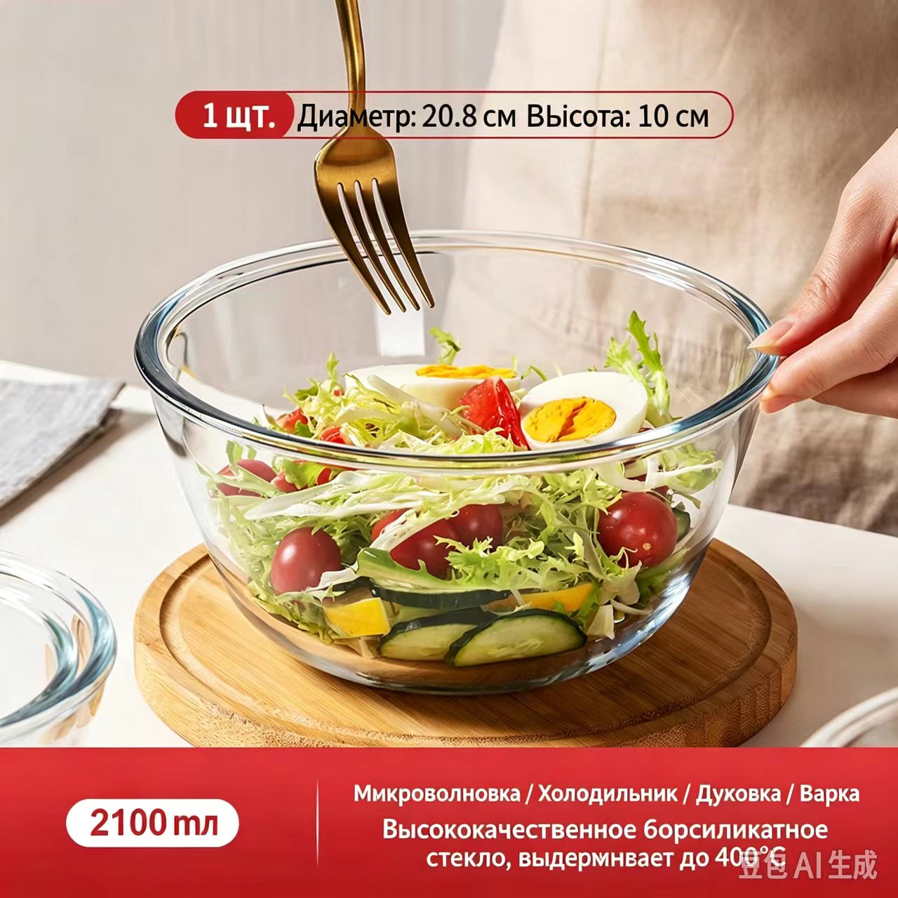 Прозрачные стеклянные чаши, 2100 мл, 1 шт.