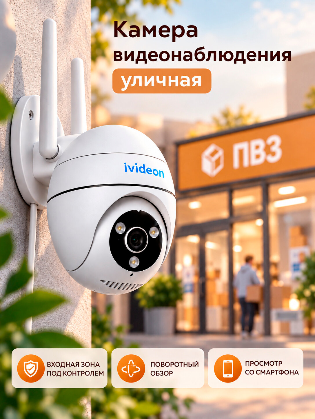 Ivideon, камера видеонаблюдения для ПВЗ, Wi-Fi, 3 Мп, уличная, поворотная
