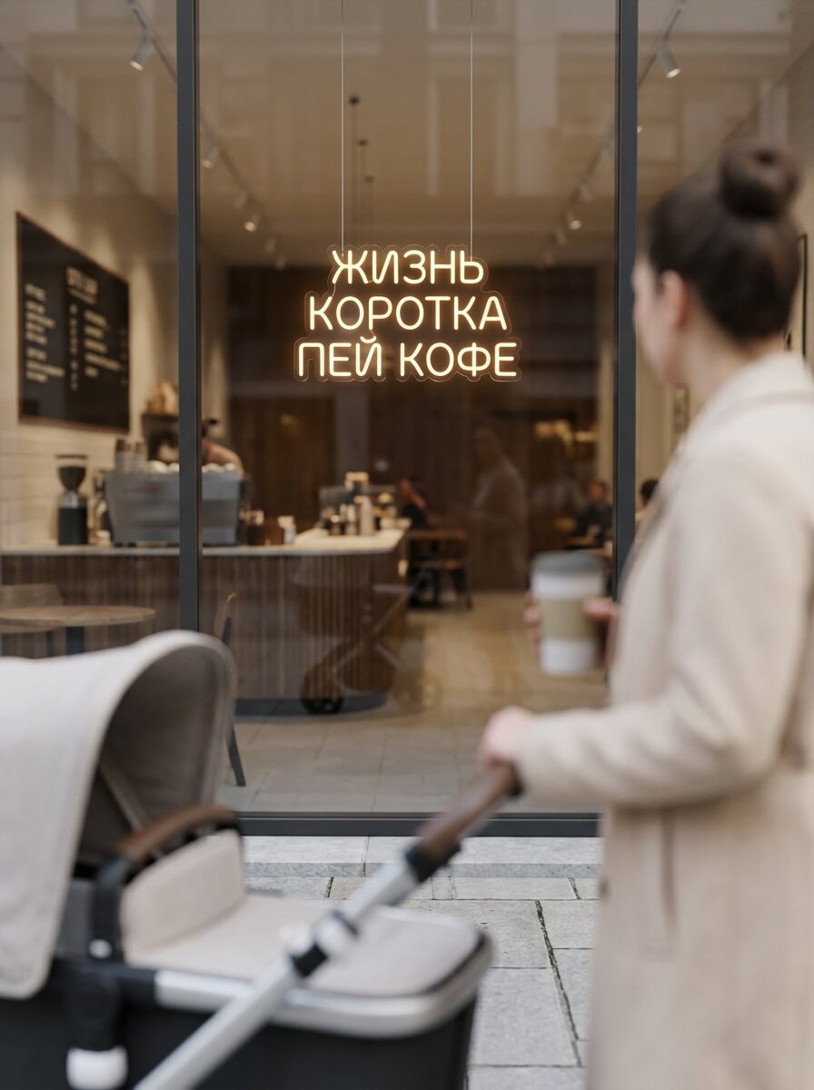 Неоновая вывеска "Жизнь коротка пей кофе" 68х45см, неоновая надпись, LED светильник для кофейни