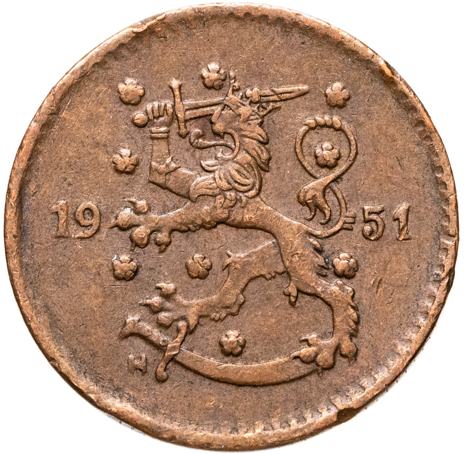 Финляндия 1 марка 1951 медь, коричневый цвет, Медь, в сохранности VF-XF